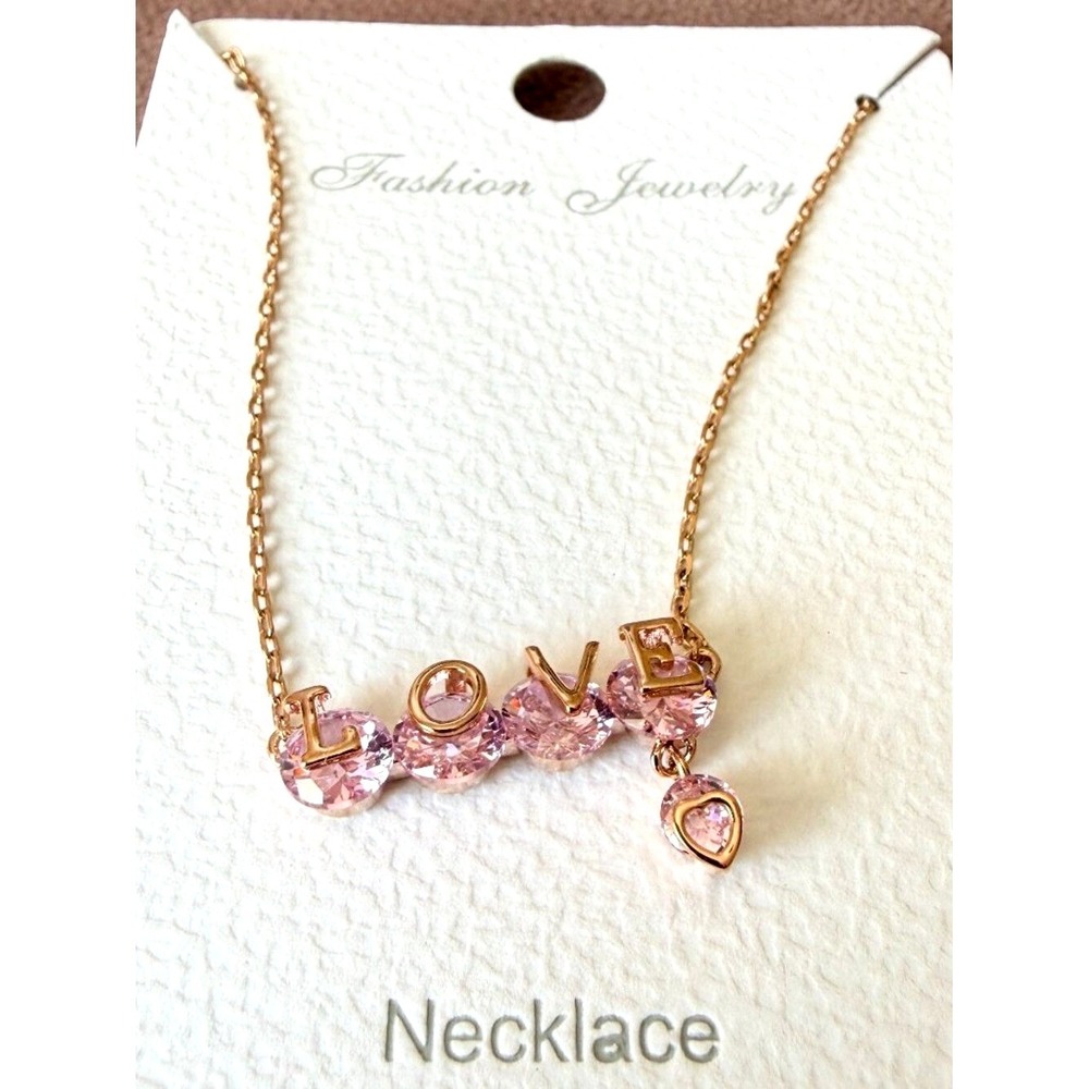 Love Heart Pendant Necklace with Pink Crystals Rosegold